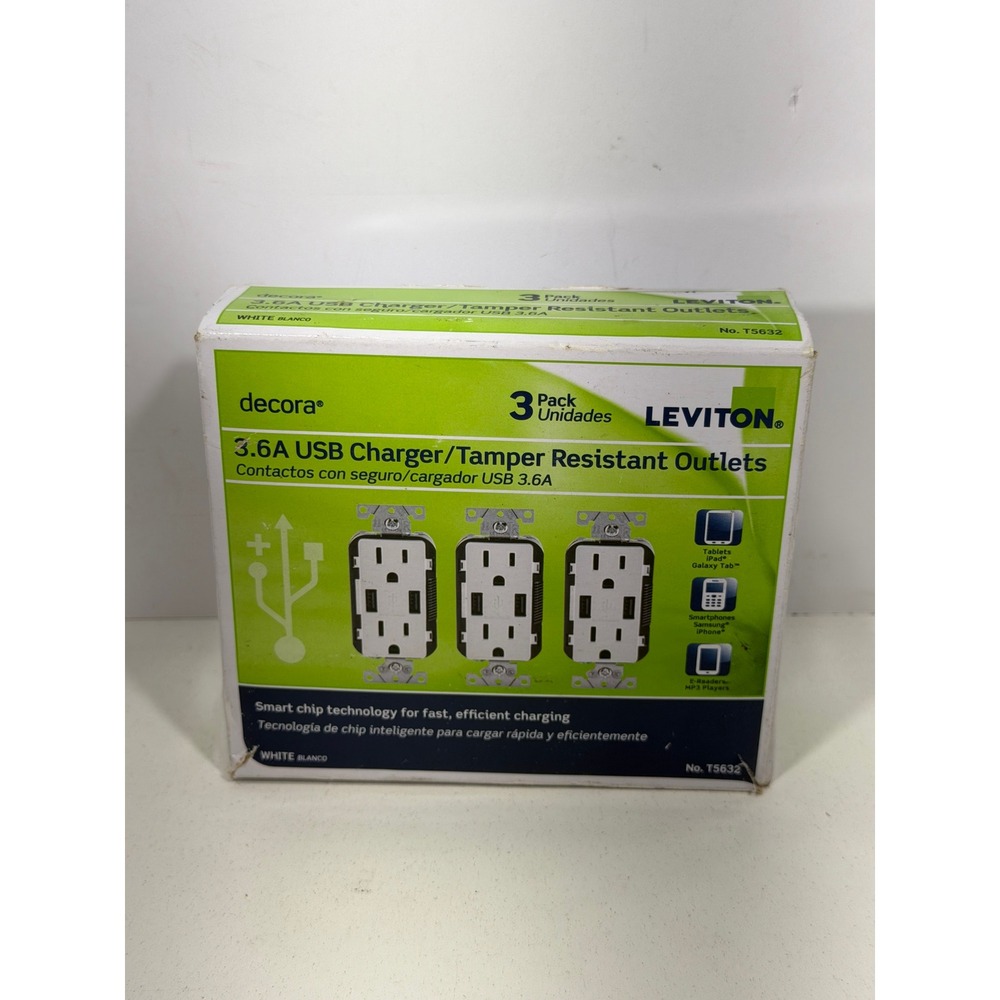 Leviton Decora T5632 3.6A USB Charger Tamper Resistant Outlets White 3 Pack Mens